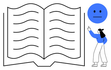 Open book with pages, woman pointing at it, blue neutral face above. Ideal for education, emotion analysis, learning, mental health, knowledge sharing self-improvement study tools. Flat simple
