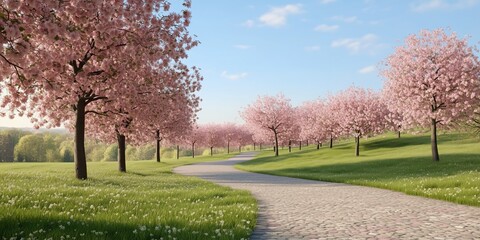 Obraz premium Cherry Blossoms Path: A scenic pathway lined with blossoming cherry trees under a bright blue sky, creating a stunning spring landscape.