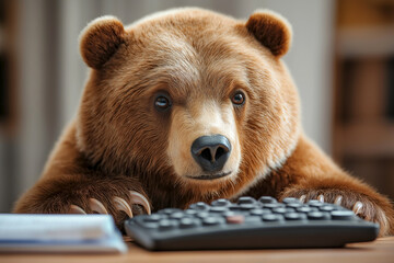 Bear engages with financial data while navigating stock market trends on a computer keyboard. Bear with keyboard analyzing financial information and stock market data in a cozy office environment