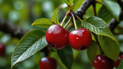 Cherry on tree, ripe cherries, natural cherry fruit