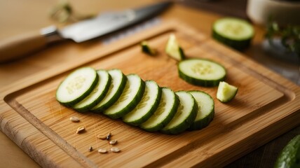 Fresh Cucumber Slices and Leafy Greens on Wooden Cutting Board