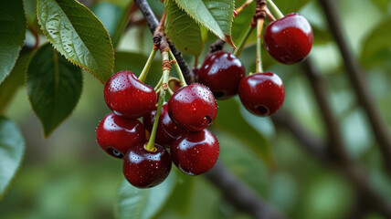 Obraz premium Cherry on tree, ripe cherries, natural cherry fruit