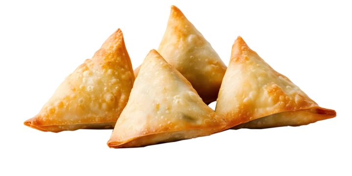Golden Samosas Appetizers: Four crispy, golden-brown samosas, a popular snack, perfectly arranged, appetizing, and ready to delight. 