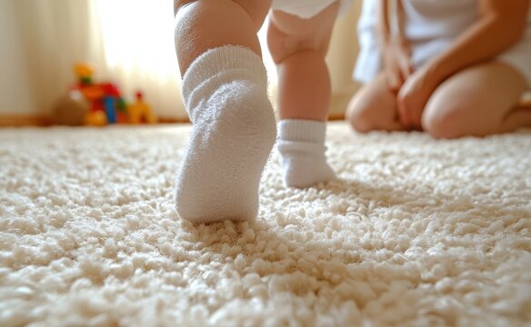 A baby is standing on a carpet with white socks on