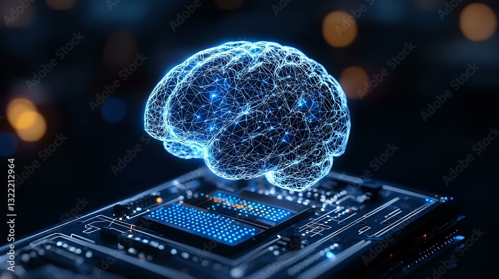 Poster glowing blue holographic brain projection above computer processor chip with neural network connecti