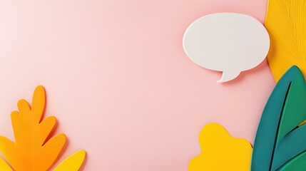 Pink & Green Speech Bubble: A whimsical pink background is adorned with paper cutouts of vibrant green and yellow leaves, framing a blank white speech bubble, perfect for adding your own message.  