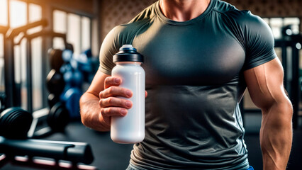 Muscular Man Holding A Water Bottle In A Gym, Wearing A Tight-Fit Sports Shirt, Representing Hydration, Fitness, Strength, Workout Routine, And Sports Nutrition.