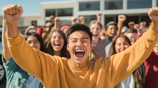 Drivers ed, Cheerful young man celebrating, joyful crowd outdoors, diverse group with happy expressions, bright sunny day, energy and excitement.