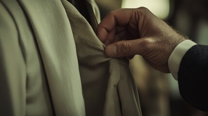 A hand elegantly adjusts a beige tie, exuding sophistication and attention to detail, with soft focus enhancing an aura of refinement.