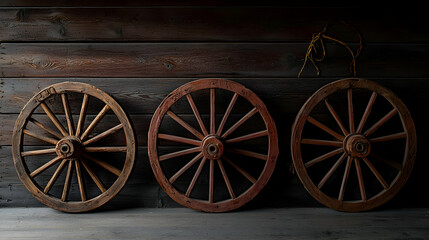 Obraz premium Three Rustic Weathered Wooden Wagon Wheels Against Dark Brown Barn Wood Wall in Dimly Lit Western Scene with Dramatic Lighting