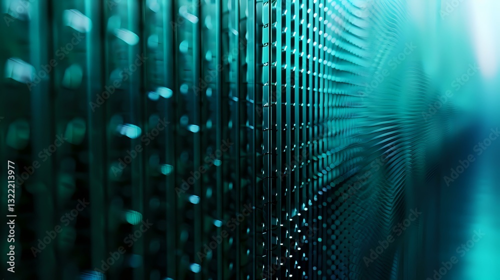 Aufkleber Abstract turquoise mesh pattern with selective focus creating depth effect, metallic grid structure in dark background with bokeh lights for technology concepts.