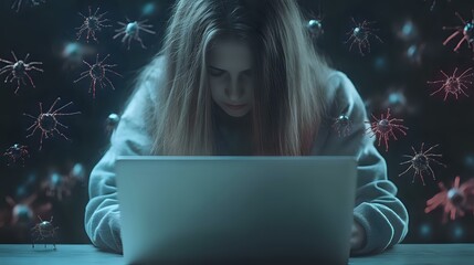 Young Caucasian woman in hoodie working on laptop at night surrounded by glowing virus particles, depicting online health research or pandemic remote work.