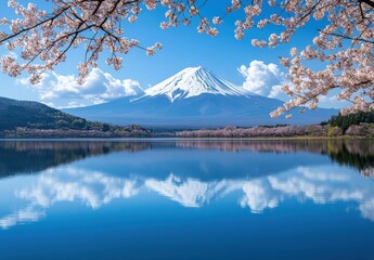 Serene Spring Scene with Cherry Blossoms and Reflection of Mount Fuji Under Clear Blue Sky in Stunning Nature Landscape