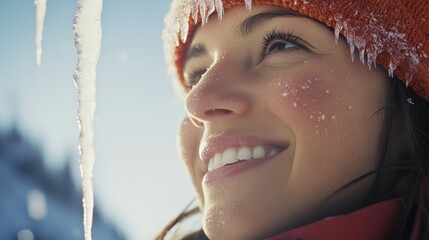 A joyful woman in a red hat smiles, surrounded by icicles, capturing the essence of winter's joyful spirit and crisp freshness.