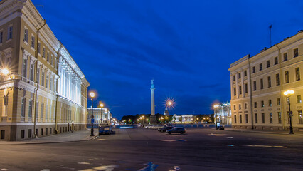 Fototapeta premium Palace Square and Alexander column timelapse hyperlapse in St. Petersburg at night, Russia.