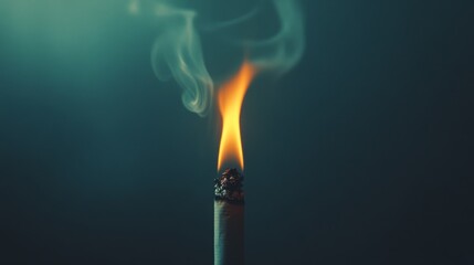 A solitary cigarette emits a gentle, swirling smoke against a teal background, creating an atmospheric, contemplative scene.