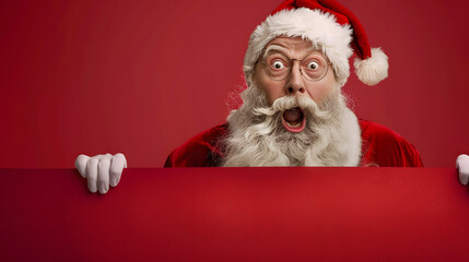 A man in a red Santa hat and glasses is standing in front of a red board