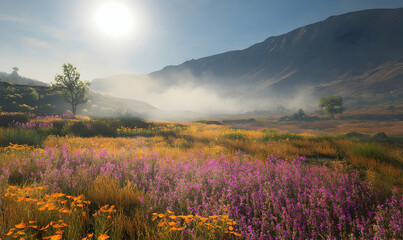 Fototapeta premium Enchanting highland meadow adorned with wildflowers and shrouded in ethereal mist