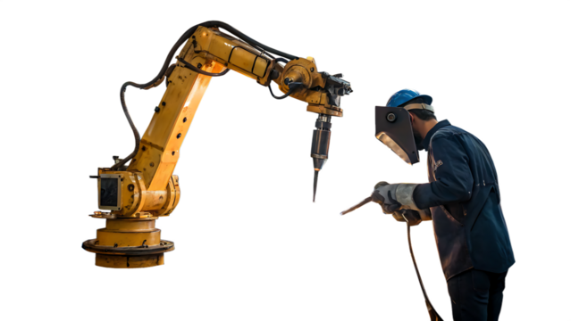 Industrial Welding Robot and Worker in Protective Gear Isolated on White Background as Transparent. PNG. AI GENERATED