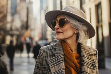 Obraz premium Elegant woman in stylish attire strolls through a bustling city street on a sunny afternoon