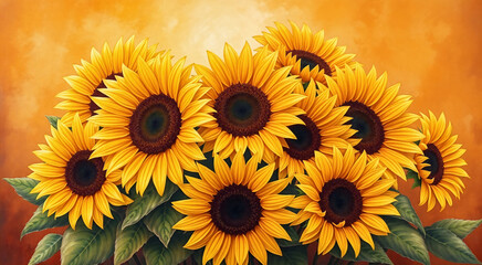 Obraz premium A vibrant bouquet of bright yellow sunflowers against a warm, golden background. The sunflowers are in full bloom, radiating joy and warmth.