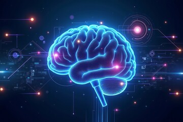 A glowing blue depiction of a human brain with technology integration