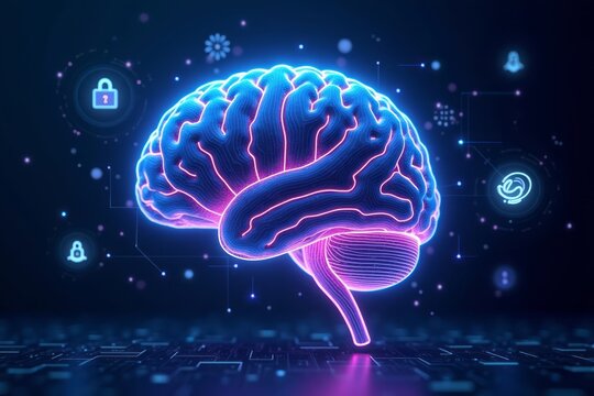 A glowing blue and pink brain with digital interface elements
