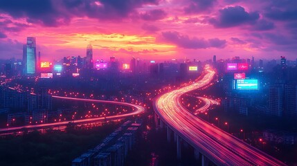 Fototapeta premium A broad city perspective highlighting the twisting highways and bridges beneath a glow of vibrant billboards
