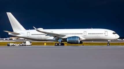 Sleek White Jet Airliner Taxiing on the Tarmac Under Dark Clouds