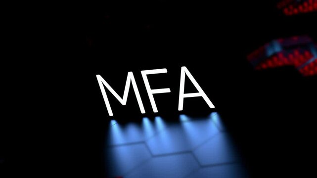 MFA Multi-Factor Authentication text,neon glowing word,acronym,inscription,animation.3D render