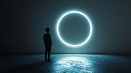 Fototapeta premium A lone figure stands before a glowing circle in a dimly lit room, evoking a sense of wonder and existential contemplation.