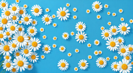 White daisies scattered on a blue background. Vibrant and cheerful floral composition perfect for spring themes.