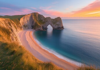 Serene Sunrise over a Coastal Arch at Durdle Door with Colorful Sky and Tranquil Waters on the Dorset Coastline in England