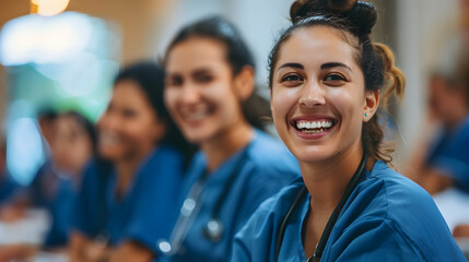 Fototapeta premium A group of women wearing blue scrubs are smiling