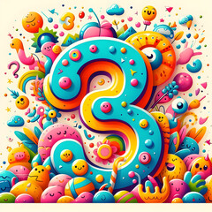 Colorful number three surrounded by smiling fantasy creatures and objects