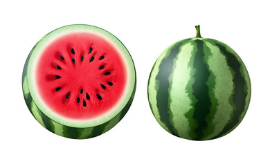 Summer's Sweetness: A perfectly ripe watermelon, whole and sliced, displaying its juicy red flesh and black seeds. Evoking refreshment and summertime bliss.