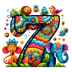 Obraz premium Colorful number seven with jungle animals celebrating birthday
