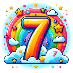 Naklejka premium Number seven with rainbow, clouds and stars celebrating seventh birthday