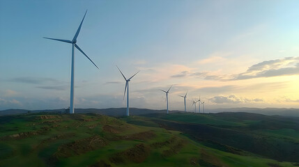 Naklejka premium Panoramic View of Wind Turbines on Green Hills at Sunset Generating Renewable Energy in a Picturesque Countryside Landscape