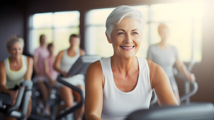 Obraz premium A woman is smiling while riding a stationary bike