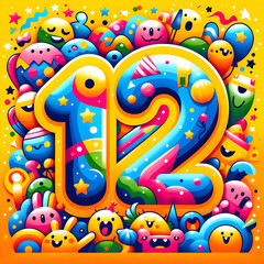 Obraz premium Twelfth birthday celebration with funny monsters and party elements