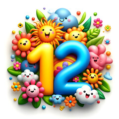 Naklejka premium Number twelve surrounded by smiling sun, flowers and clouds celebrating a special occasion