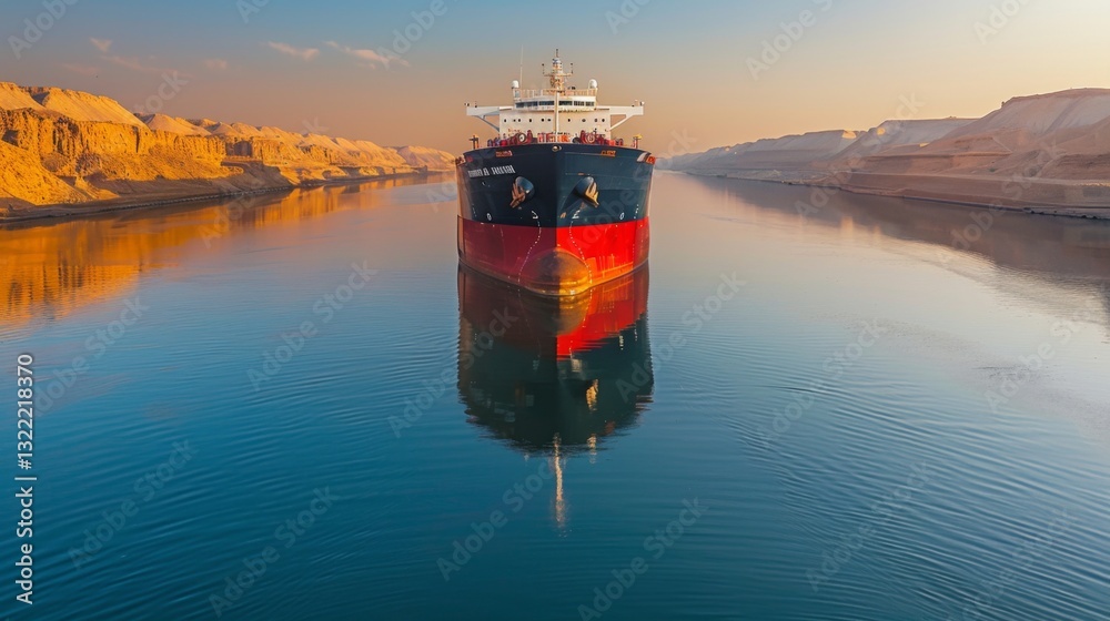 Aufkleber A large cargo ship makes its way through the Suez Canal with cliffs reflecting in the calm water as the sun sets, creating a serene atmosphere for maritime travel.