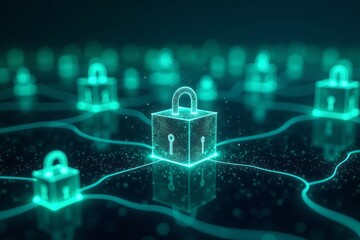Digital network showcasing data encryption with multiple connected locks