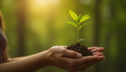 A woman holds a plant in her hands
