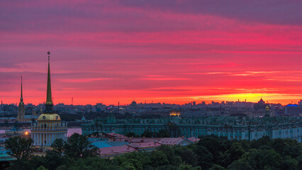 Sunrise over historic center from the colonnade of St. Isaac's Cathedral timelapse.