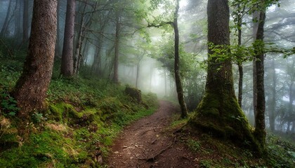 Fototapeta premium Path through an enchanted forest with mist