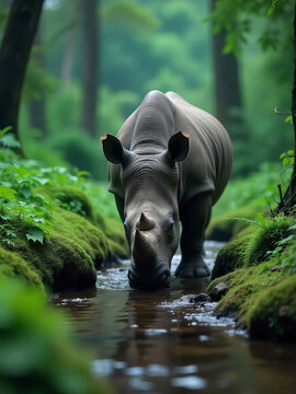 A Javan rhinoceros drinking from a small stream in a lush, green valley in Java, Indonesia, with ferns and moss-covered rocks along the banks