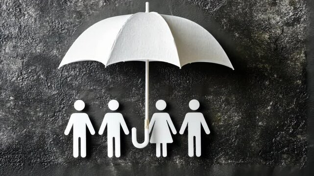 Creative representation of diversity and protection under a conceptual umbrella symbolizing inclusion and safety for all individuals