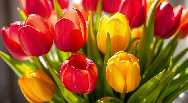 A vibrant bouquet of red and yellow tulips beautifully arranged. The flowers are fresh and brightly lit, embodying the essence of spring and warmth.